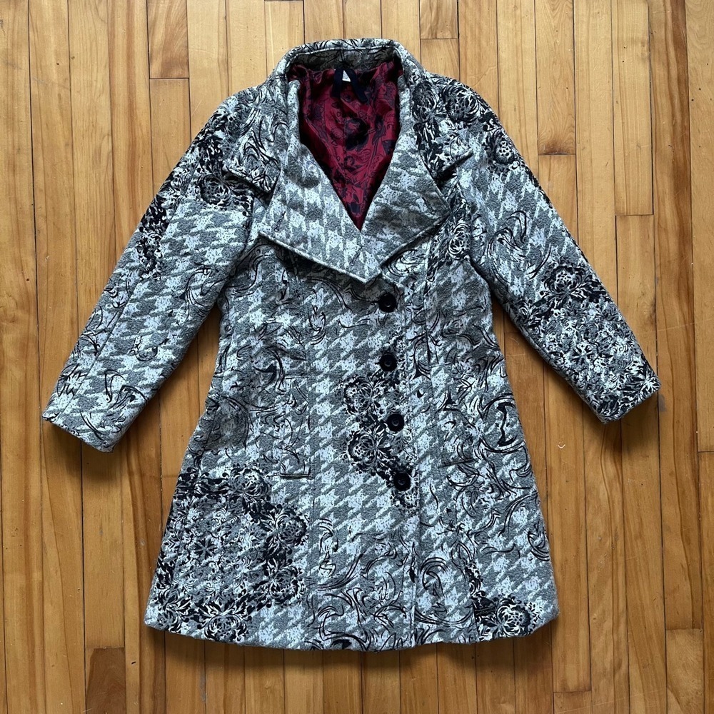 Desigual Checkered Long Trench Coat Size Medium Houndstooth Womens red lining
